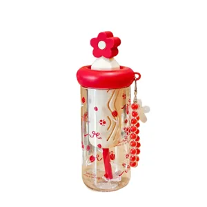 Süße Blumen Strohhalm Wasserflasche, große Kapazität Plastik Becher für Mädchen und Alltag.