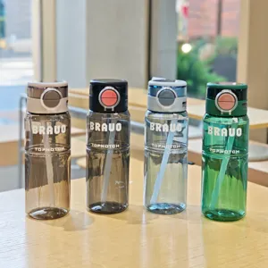 Detailed view of portable plastic water cups with straws in four colors for outdoor sports.