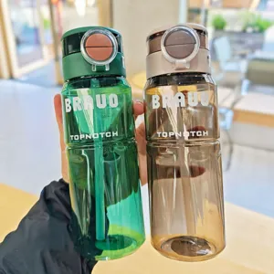Detail shot of plastic water bottle with straw and double-drink lid in green and brown.