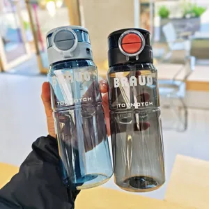 Detail view of portable plastic water bottle with straw and dual-drinking lid design.