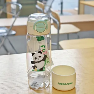 Detailansicht der tragbaren Kunststoff Strohhalm Trinkflasche mit süßem Panda Design.