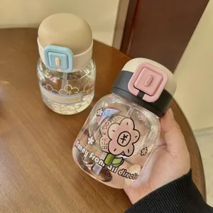 Cute chubby glass straw water cup with floral pattern and secure flip lid for girls