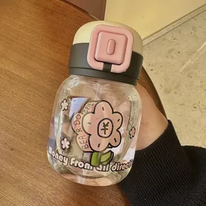 Cute chubby straw water bottle detail, clear glass body with lovely floral print and pop lid.