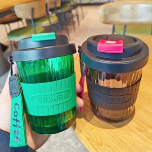 Portable Borosilicate Glass Coffee Cup Heat Resistant Travel Mug With Anti Scald Silicone Sleeve Hand Strap Lid