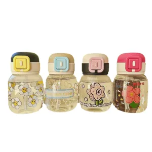 Cute fat glass water cup with straw and daisy flower print, portable pop-up lid drinkware 4pcs