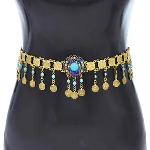 Bohemian belly dance waist chain coin tassel body jewelry turquoise gold metal belt for women