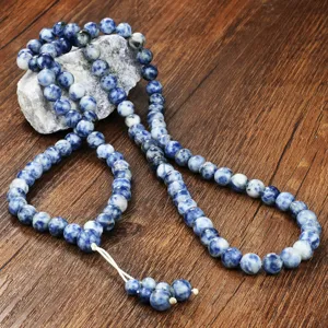 Gedetailleerd overzicht blauwe jaspis kralenketting 99 gebedskralen handgemaakte tasbih set.