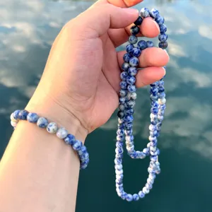 Handgemaakte 99 kralen blauwe jaspis gebedsketen set, lange edelsteen rozenkrans met armbandje.