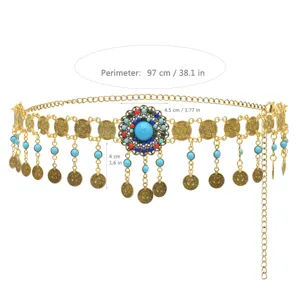 Bohemian ethnic style belly dance coin tassel waist chain with turquoise stones and vintage design.
