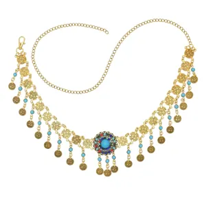 Bohemian Ethnic Belly Dance Coin Tassel Waist Chain For Women Turquoise Inlaid Vintage Gold Alloy Body Chain Jewelry