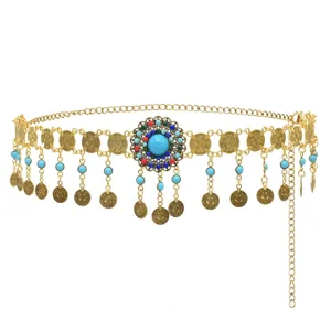 Bohemian ethnic belly dance coin tassel waist chain turquoise inlaid vintage body jewelry