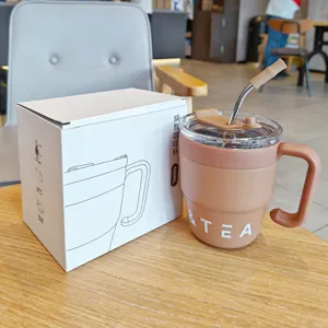 Edler Edelstahl Kaffeebecher mit Henkel und Strohhalm 480ml Detailaufnahme für Küche