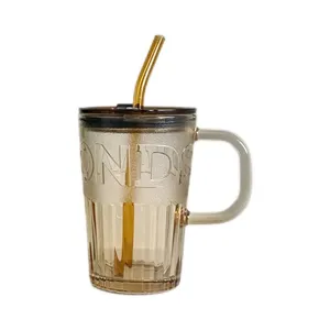 Nordische Glas Tasse mit Henkel und Strohhalm Bernstein Kaffeetasse für Büro Heim