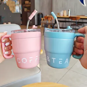 Edelstahl isolierte Kaffeetasse mit Griff und Strohhalm, niedliche Paare Wasserbecher.