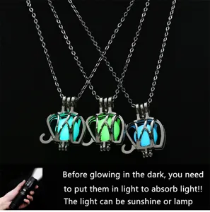 Luminous locket necklace detail showing glowing pearl in hollow pendant and light guide.
