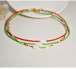 Colorful seed bead shell heart necklace double layer clavicle chain fashion jewelry.