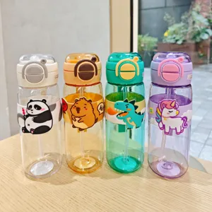 Niedliche Cartoon Trinkflasche mit Strohhalm tragbare Plastik Wasserflasche für Kinder