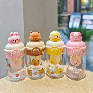 Cute cartoon animal glass water bottle with straw and tea infuser, heat resistant.