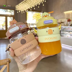 Cute capybara duckling glass straw water bottle portable heat resistant student gift cup detail