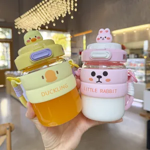Cute cartoon glass water bottle with straw, portable cute duck rabbit student direct drink cup.