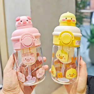Cute cartoon glass water bottle with straw and tea strainer, portable dual-use cup for daily.