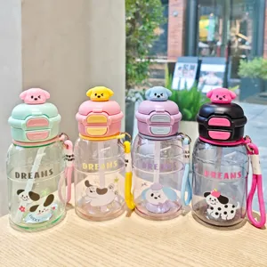 Süße Cartoon Hund Strohhalm Plastik Wasserflasche mit Tragegurt tragbare Student Trinkbecher.