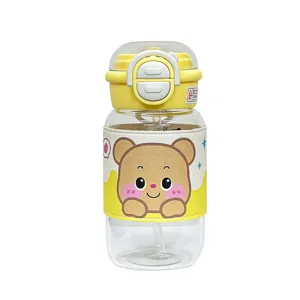Süße Cartoon Bär Glas Trinkflasche mit Strohhalm, tragbare Studenten Doppeltrinkbecher.