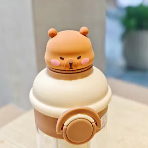 Cute capybara water bottle detail close up showing cute animal lid design and pop lid.