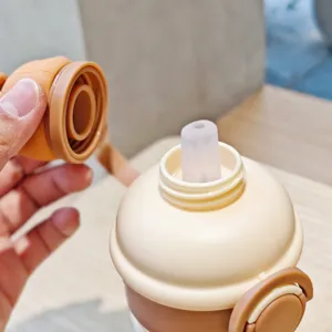 Detail view of the cute capybara water bottle cap and silicone straw design.