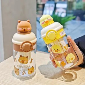 Cute capybara and duckling glass water bottle with straw and tea strainer detail view.