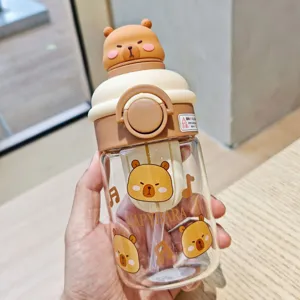 Cute capybara glass water bottle with straw and tea infuser, 3d lid design for daily use.