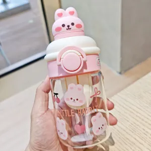 Cute cartoon rabbit water bottle with straw and tea strainer, pink plastic direct drinking cup.