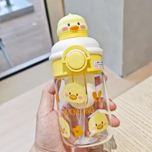 Cute cartoon duck water bottle with straw and pop-up lid clear portable travel drinking cup