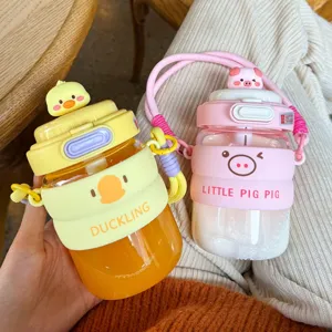 Cute straw glass water bottle with silicone sleeve, portable strap design, students lovely cup.