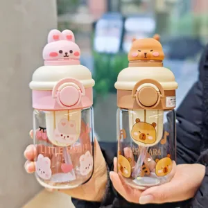 Cute capybara glass water bottle with straw direct drinking dual use heat resistant cup