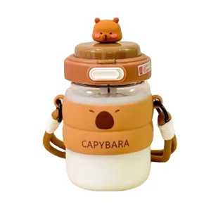 Cute capybara glass water bottle with silicone sleeve, straw and strap for students.
