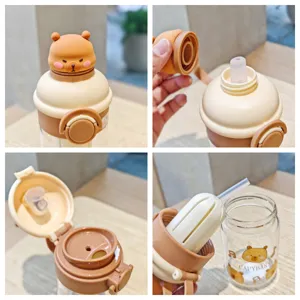 Cute capybara glass water bottle with straw and tea infuser, direct drinking dual use cup.
