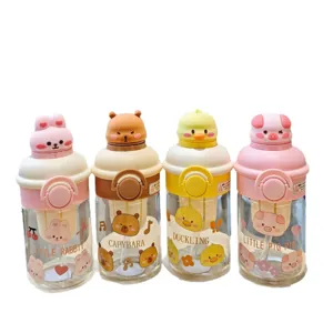 Cute animal glass water bottle with tea infuser and straw pop-up lid cute design.