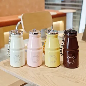 Mini stainless steel thermos cup with milk bottle design, portable cute water bottle with beads.