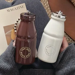 Portable stainless steel mini thermos bottle, cute retro milk cup with lanyard for daily use.