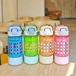 Portable plastic straw water cup with dual drink design, colorful student sports bottle.