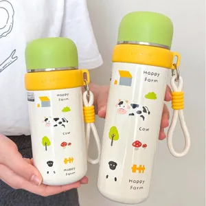 Niedliche Cartoon Edelstahl Thermosflasche mit Tragegurt tragbare Wasserflasche