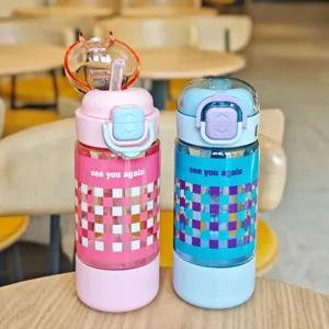 Cute plastic straw water bottle with dual drinking design and trendy checkered pattern.