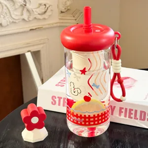 Süße Glas Trinkflasche mit Strohhalm und Tragegurt, große Kapazität für Damen Alltag und Büro.