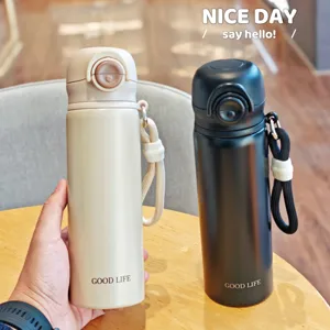 Edelstahl Thermosflasche Isolierte Wasserflasche Mit Strohhalm Trageseil Klappdeckel Tragbarer Thermobecher Für Studenten Schule Büro Reise