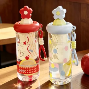 Schöner Blumen Glas Trinkbecher mit Strohhalm und Tragegurt für den täglichen Gebrauch Büro.