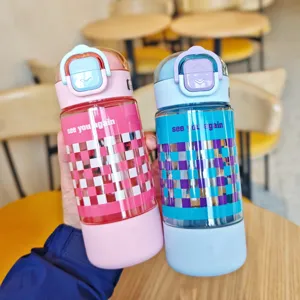 Portable plastic straw water bottle for students, dual-drinking cute cup with strap.