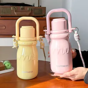 Edelstahl Vakuum Isoliert Flasche Milchflaschenform Mit Strohhalm Und Griff Tragbar Retro Wasserbecher Für Damen Outdoor