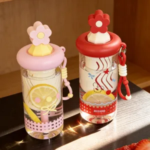 Süße Blumen Glas Trinkflasche mit Strohhalm und praktischem Griff für den Alltag