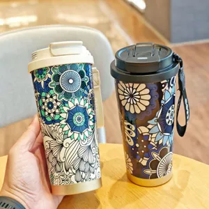 Taza de Café Aislada al Vacío de Acero Inoxidable Bohemio Termo Con Pajita Correa de Transporte Portátil para Viajes Oficina